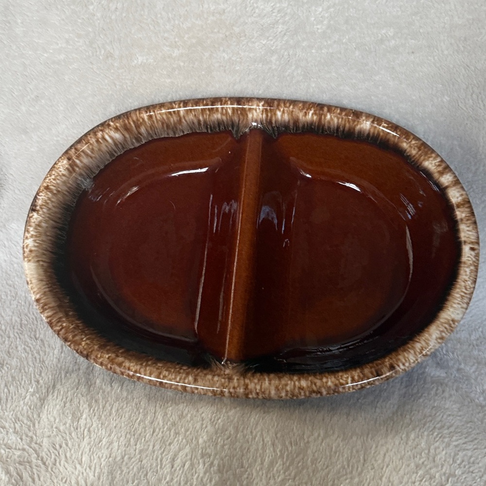 Vintage Hull Pottery Brown Drip Glaze Divided Vegetable Dish. Ovenproof. 11"